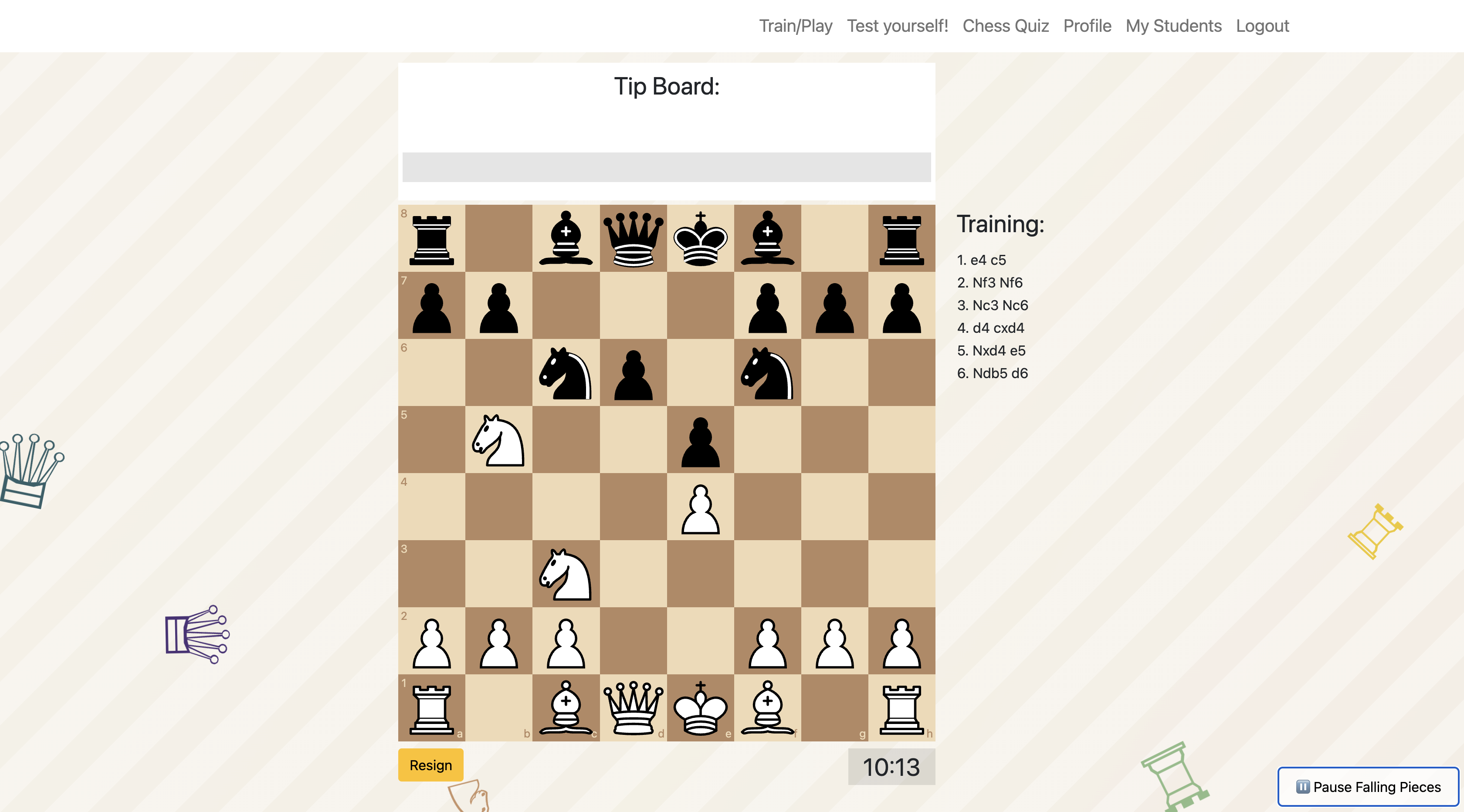 Training game screen with chess board, move history, timer, and AI tip board