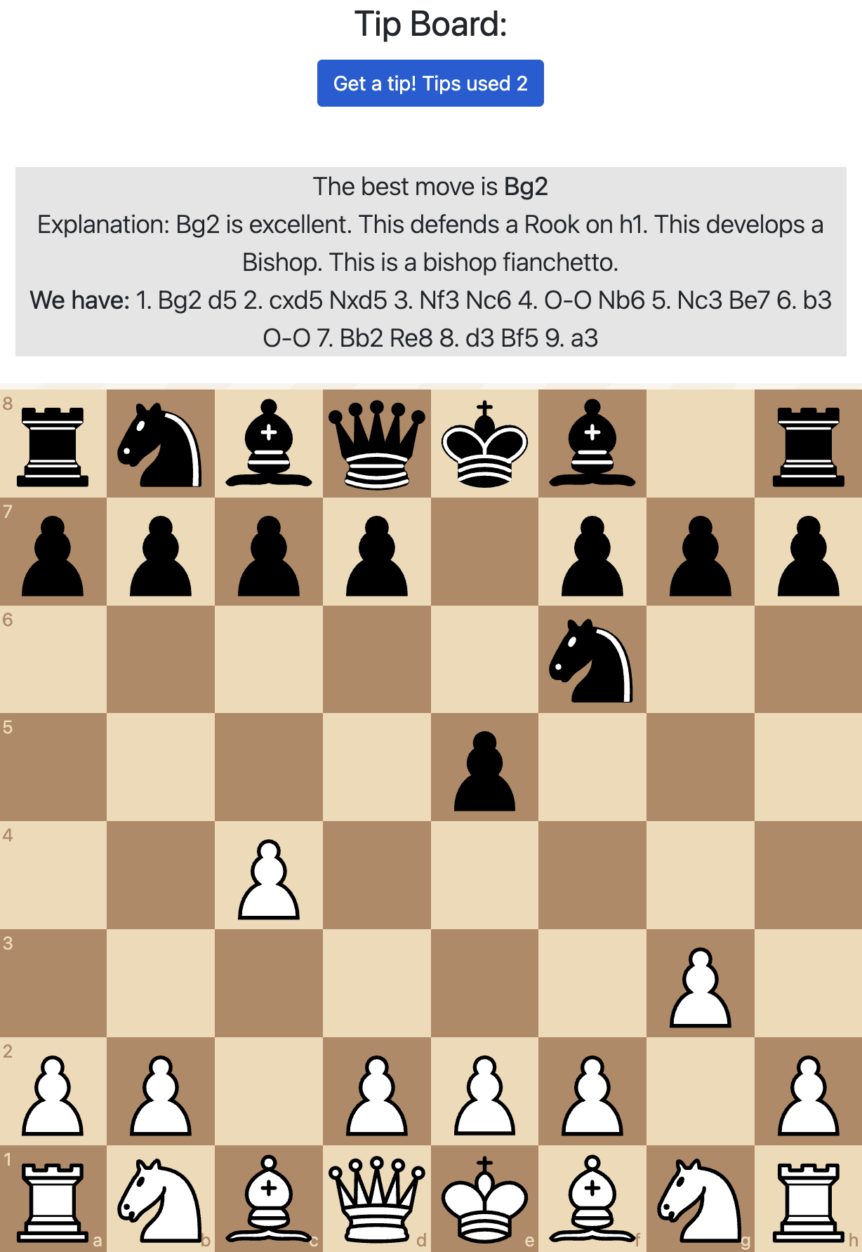 Paper screenshot of an on-demand move-reveal tip showing the best move and explanation