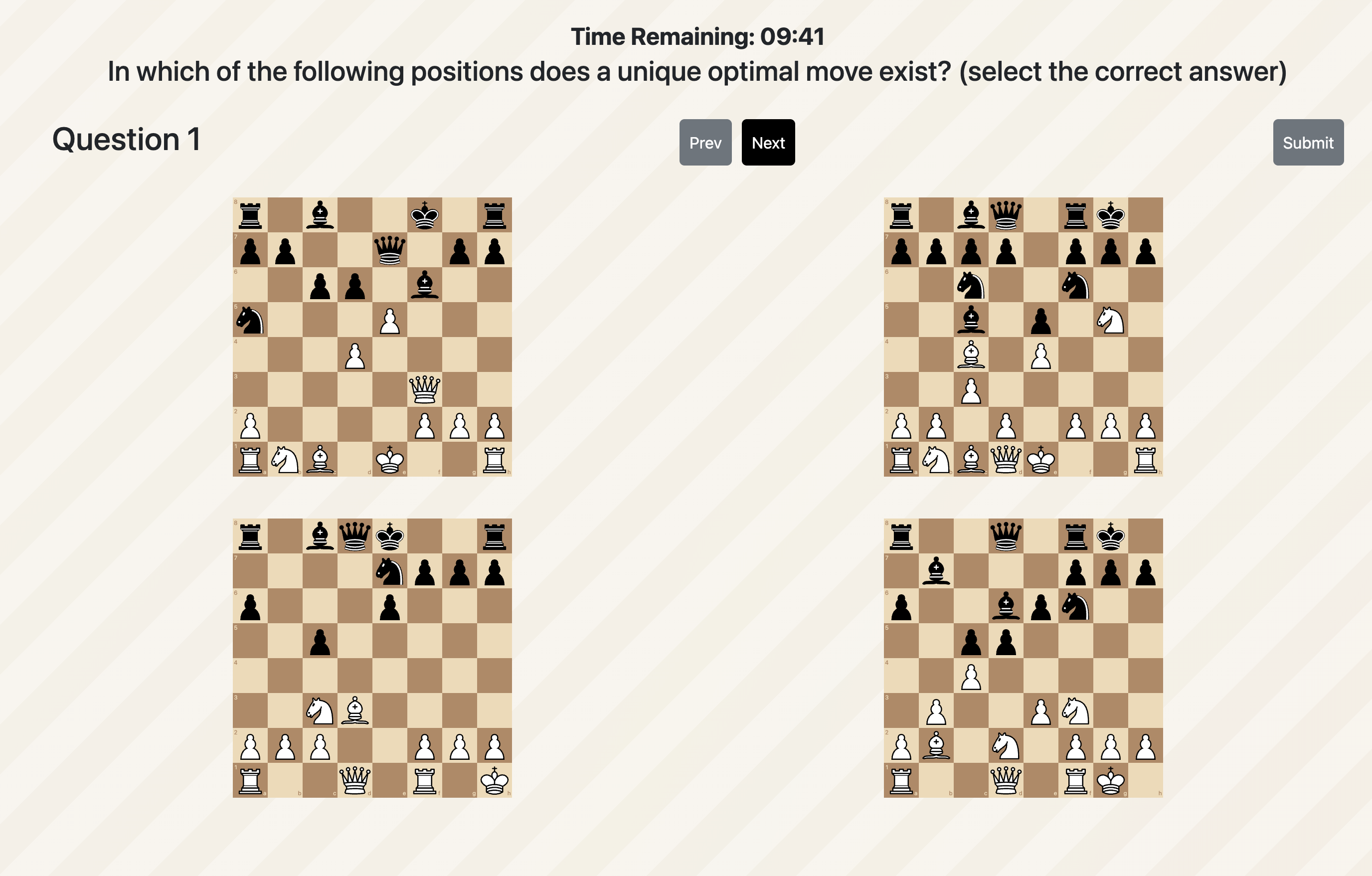 Paper screenshot of a chess quiz with multiple board positions