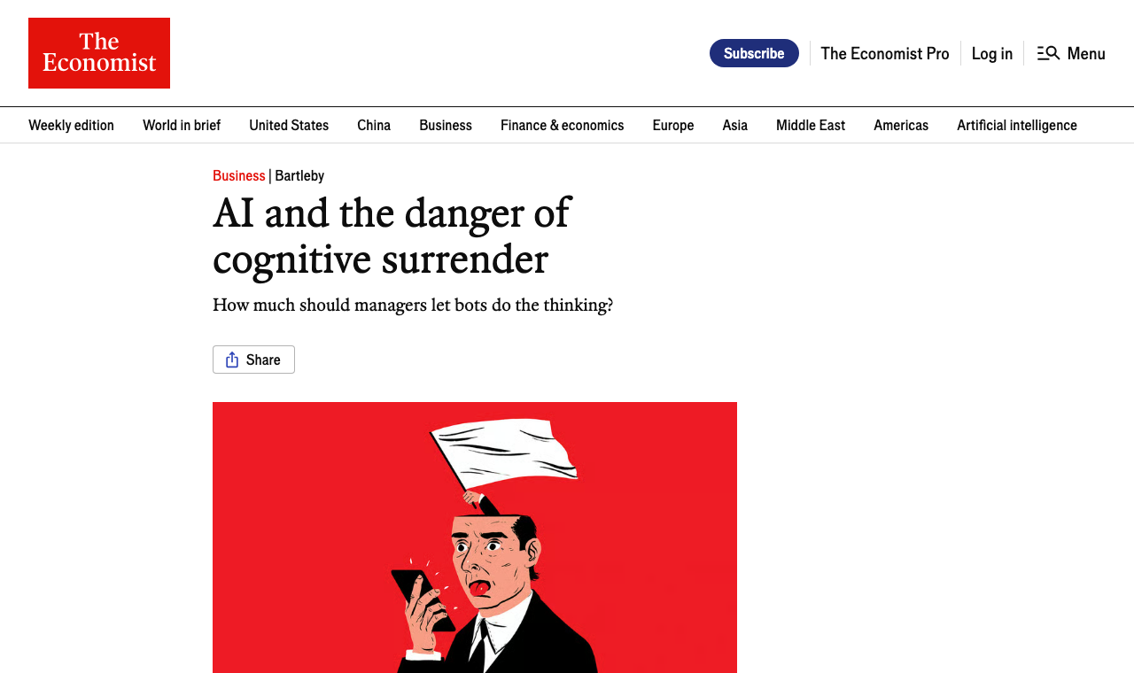 The Economist article titled AI and the danger of cognitive surrender