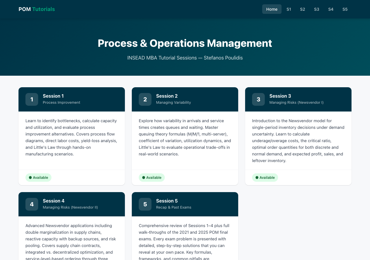 POM Tutorials dashboard with five Process and Operations Management tutorial sessions